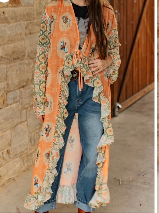 Turquoise Haven Tops - Boho Orange Printed Ruffle Duster Kimono horse western rodeo
